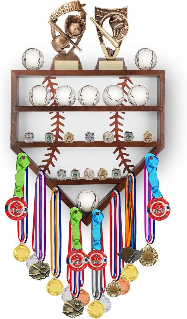 17'' Baseball Display Case with Baseball Ring Holder, Baseball Holder Stand, Wooden Medal Display Case Wall Mounted for Balls, Medals, Trophies, Rings, Brown