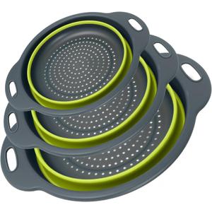 Collapsible Colander 3-Pack Set Space-Saving Foldable Kitchen Strainer with Non-Slip Base Durable Thickened PP+TPE Collapsible Strainers for Pasta, Vegetables, Fruits (Gray-Green)