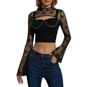 JOKELAMB Women Lace Bolero Shrug See Through Floral Cardigan Sheer Mesh Cropped Y2K Going Out Tops, Small