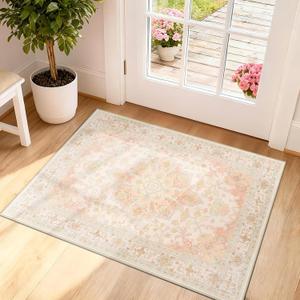 CAPALOCA Machine Washable Rugs Nursery Rug 2x3 Cute Girl Non Slip Low Pile Water Repellent Soft Print Pattern for Bedroom Indoor Decor Kids Playroom Pink Green