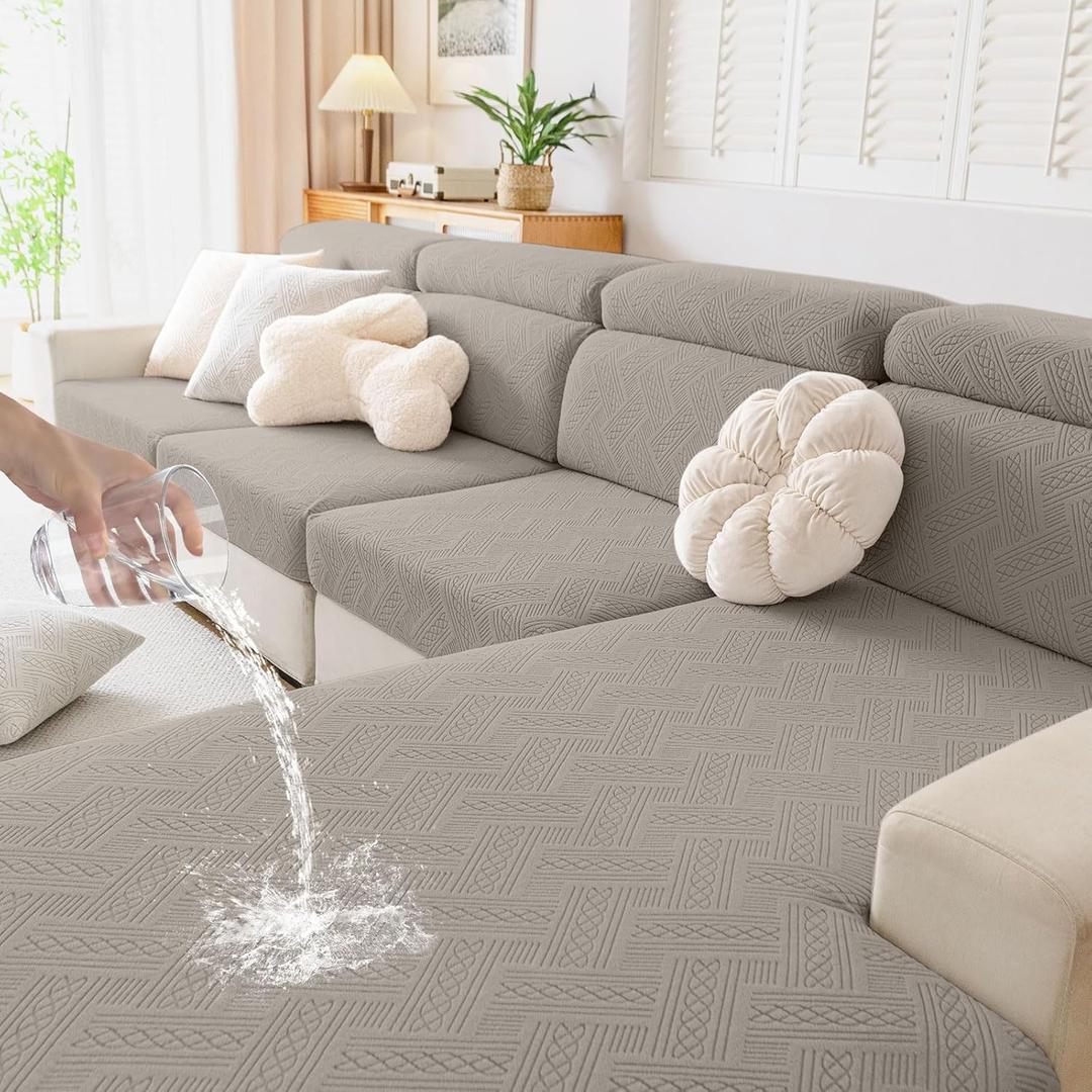 hyha Waterproof Couch Cushion Covers, Waterproof Sectional Couch Covers for 3 Cushion Sofa for Pets, Stretch Sofa Slipcover Washable with Elastic Bottom(3 Packs, Taupe)