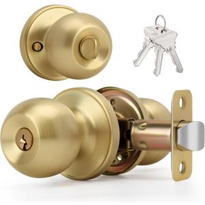 Brushed Gold Ball Design Door Knob with Keys and Lock, Keyed Entry Round Shaped Doorknob for Front/Entrance Doors, Satin Brass Finish (1 Pack)