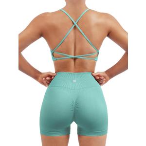 SUUKSESS Women Seamless Workout Sets Strappy Sports Bra High Waist Booty Shorts Outfits (6-8, #1 Light Green)