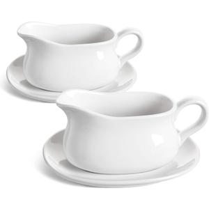 LE TAUCI 17oz Gravy Boat with Saucer Stand, Set of 2, Ceramic Sauce Boat with Tray for Salad Dressings, Creamer, Broth, Black Pepper, White
