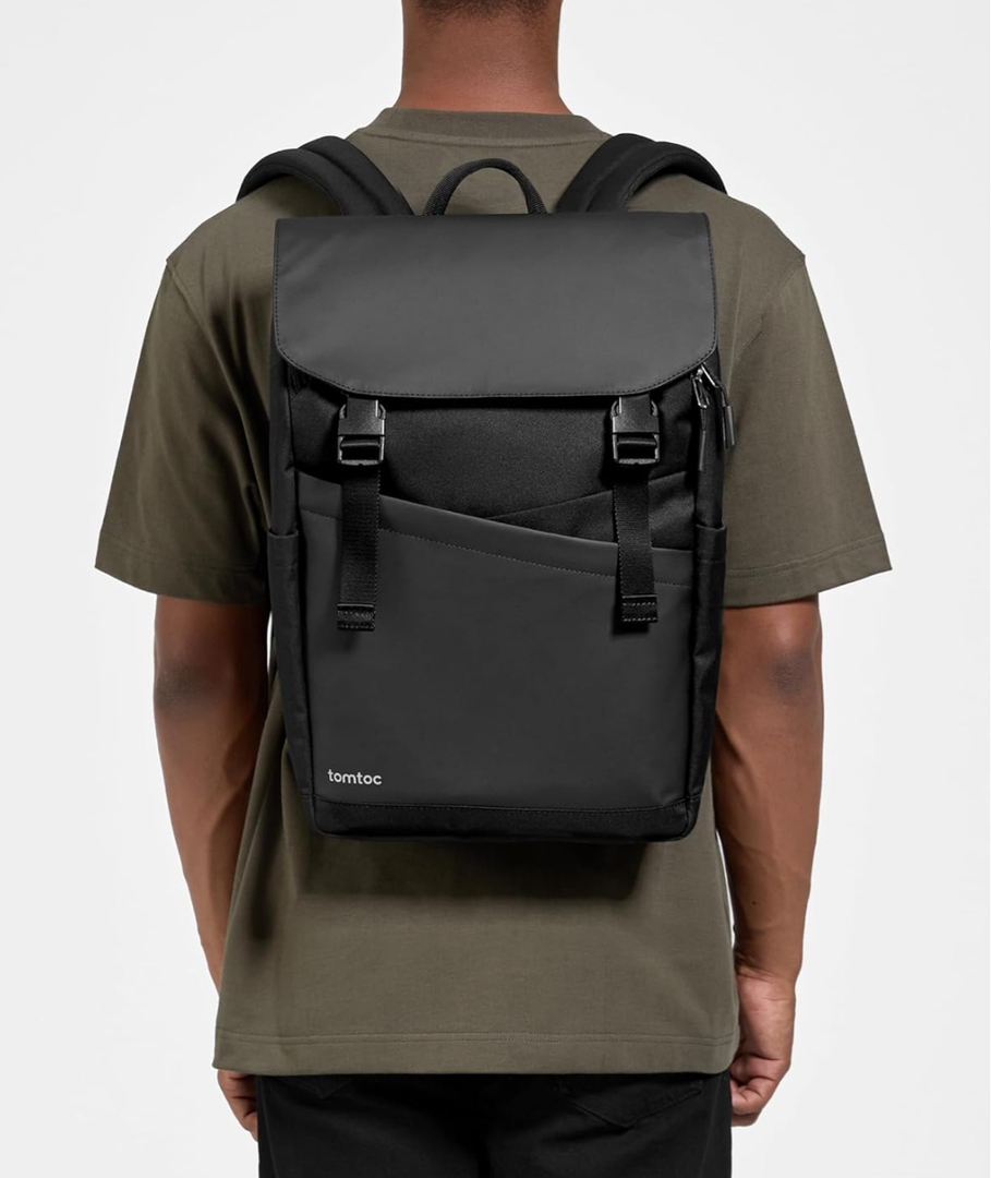 tomtoc Flap Laptop Backpack, Lightweight, Water-Resistant College Travel Casual Daypack, Slim Durable Work-pack Rucksack for 13-16 Inch MacBook Laptop, Large Capacity, 18L, Black