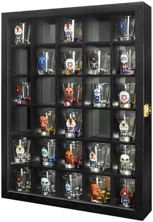 FramePro Black Shot Glass Display Case 30 Slots with Mirror Background Large Wooden Cabinet Rack Holder Mini Helmet Collection Wall Mounted Shadow Box Lockable with Tempered Glass Door 15.5*20 Inches