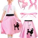 Poodle Skirts for Girls 50s Costume Kids 50s Accessory Sock Hop Outfit Halloween Costume with Headbands, Glasses, Scarf (Pink, S (4-6Y))