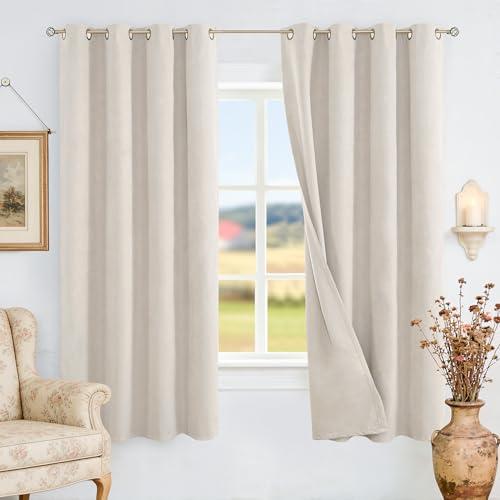 BGment Light Beige Blackout Curtains for Bedroom 63 Inch Long - Linen Textured Thermal Insulated Total Sun Blocking Bronze Grommet Window Drapes for Farmhouse, 2 Panels, 52 x 63 Inch