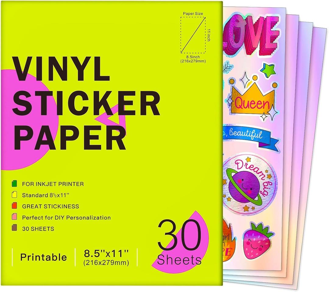 Holographic Printable Vinyl Sticker Paper for Inkjet Printer-30 Sheets 8.5" x 11"-Waterproof Labels Paper, Dries Quickly, Vivid Colors, Tear Resistant, DIY Sticker