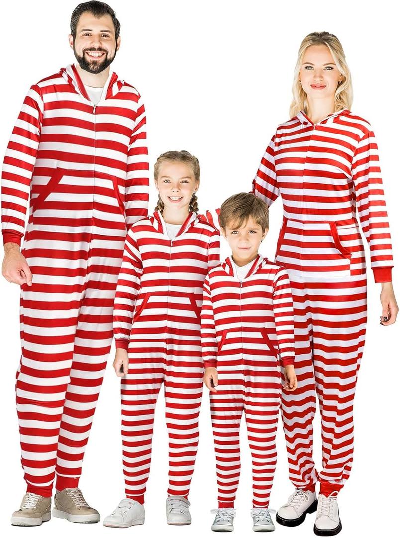 Couples Matching Christmas Pajamas Sets Striped Family Jumpsuit Hooded Long Sleeve (7-8 Years, Red and White Stripes)