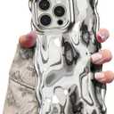 UEEBAI Ripple Case for iPhone 16 Pro Max, Cute Silver Cover Wave Shape for iPhone Case Pretty Aesthetic 3D Phone Cover, Water Ripple Shell 3D Chrome Design for Women and Girl, Silver