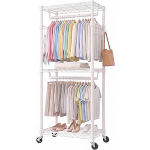 Rolling Clothing Rack-Heavy Duty Clothes Rack with Lockable Wheels, White