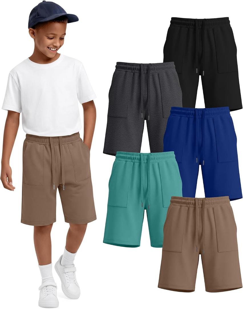 5 Pack Boys Shorts Kids Athletic Summer Knee Length Sweatshort Teen Drawstring for School Short Pocket 6-16Y