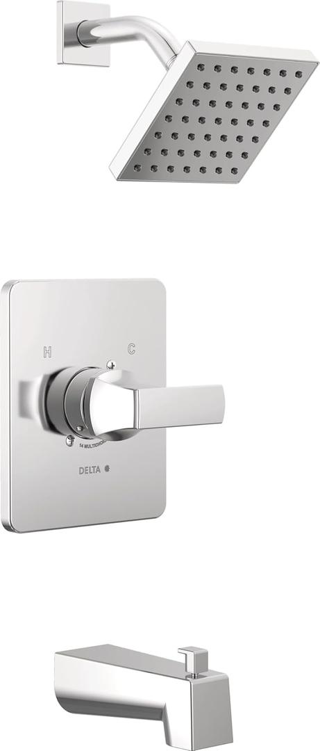 Delta Velum 14 Series Square Bathtub and Shower Faucet Set, Chrome Shower Head and Handle Set, Valve Trim Kit, Chrome T14437 (Valve Not Included)