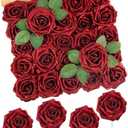 N&T NIETING Artificial Flowers Glowing Red Flowers Foam 25pcs Glitter Roses Real Looking Fake Roses with Stem for DIY Wedding Bouquets Centerpieces Bridal Shower Party Home Decorations
