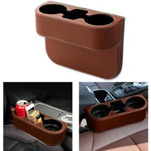 Car Cup Holder, Auto Front Seat Gap Interior Drink Organizer, Multifunctional Cup Drink Holders with PU Leather Cover, Gap Filler Storage Box Coin Bucket Console Side Pocket Key Wallet Holder (Brown)