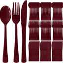300 Pack Disposable Plastic Silverware, Heavy Duty Burgundy Plastic Cutlery Set Includes 100 Forks 100 Knives 100 Spoons for Birthday Wedding Party Picnics (300, Burgundy)