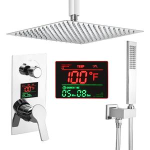 SKWOLL Shower Faucets Sets Complete Polished Chrome, 12 Inch Rainfall Shower Head with Handheld, 2 Function Ceiling Mount Shower Head System with Digital Display Shower Valve Kit