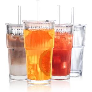 INSETLAN 20 oz Ribbed Glass Tumblers with Lids and Glass Straws  4-Piece Glassware Set, Thickened Wall, Ideal for Iced Coffee, Smoothies, Cocktails, and Juices  Elegant and Durable Drinkware
