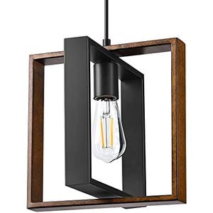 EDISHINE Farmhouse Pendant Light Fixture, Rustic Hanging Light Fixture with Wood Grain and Black Finish, Pendant Lighting for Kitchen Island, Dining Room, Hallway, Adjustable Cord