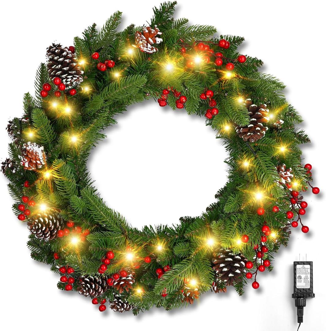 Brightown 24 Inch Pre-Lit Artificial Christmas Wreaths for Front Door, Christmas Decorations Indoor with Pine Cones & Berry Clusters, Christmas Wreath with 50 Lights for Fireplace Wall Window, Plug-in
