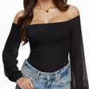 REORIA Womens Off The Shoulder Sheer Mesh Puff Long Sleeve Thong Bodysuit Tops (Small, Black)
