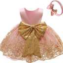 CMMCHAAH 0-6 Years Baby Girls Pageant Lace Embroidery Dresses Toddler Formal Dress with Headwear (6-12 Months, Pink)