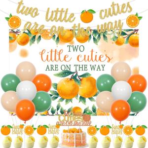 Two little Cuties Baby Shower Decorations, Twin Baby Shower Party Backdrop Two Little Cuties Are On The Way Banner Cake Cupcake Toppers Balloons for Twins Cutie Baby Shower Decorations