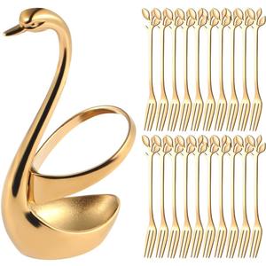 AnSaw Elegant Swan Base Holder & 20 pcs 4.7" Gold Leaf Stainless Steel Forks Set for Appetizers, Desserts, Fruits, Cakes, and Salads