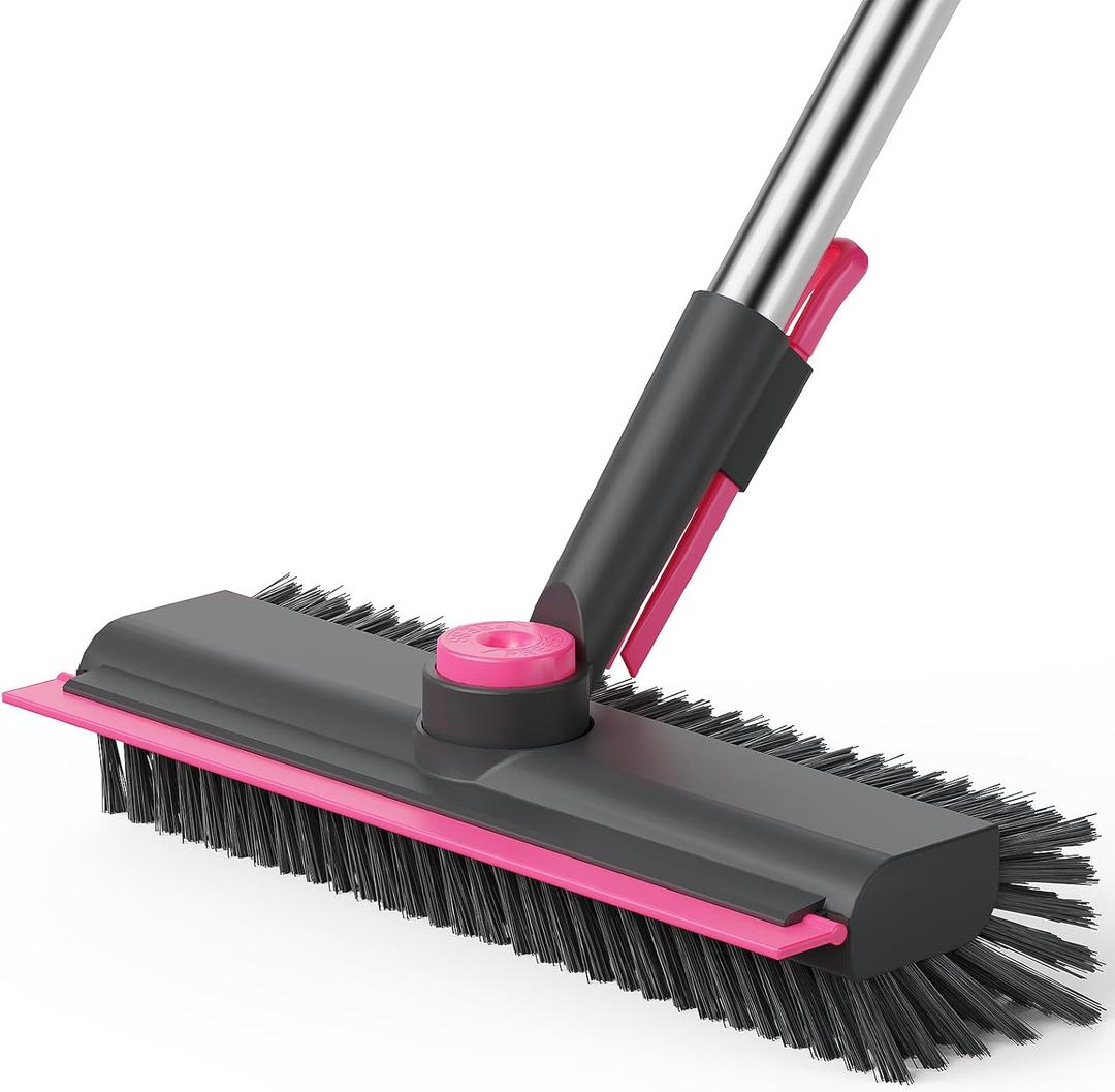 AIR U+ Floor Scrub Brush with Long Handle, 3 in 1 Scrape and Heavy-Duty Stiff Bristle Scrubber Brush for Cleaning Shower Bathroom, Patio, Pool, Garage, Kitchen, Wall and Deck, Gray and Pink