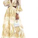 Women's Boho V Neck Ruffle Print Wrap Maxi Dress M Yellow