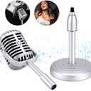 Facmogu Vintage Desktop Microphone Prop Model with Adjustable Stand, Classic Retro Style Microphone Prop Decor for Party Decoration Costume Role Play & Game Night - Silver