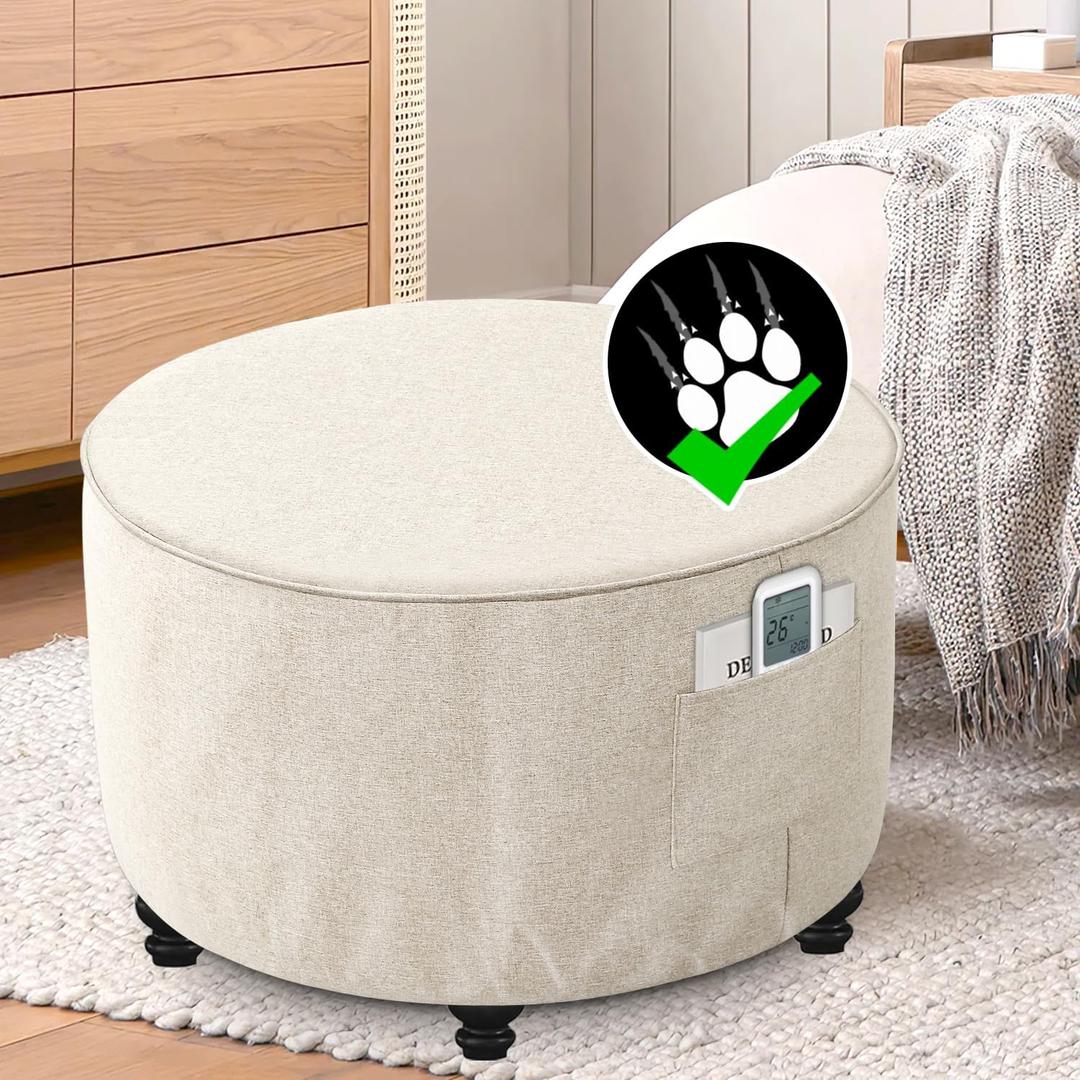 H.VERSAILTEX Ottoman Cover Round Thick Linen Look Ottoman Slipcover Round Ottoman Storage Cover Folding Stool Covers Furniture Protector Cover for Footrest Ottoman Fit Dia 36" - 38", Heather Ivory