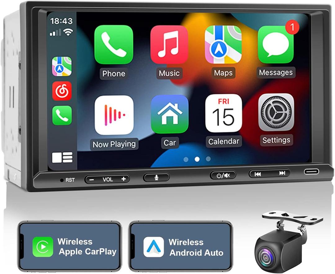 Double Din Car Stereo Radio Wireless CarPlay Wireless Android Auto, 7in Touchscreen Car Audio Receiver with Bluetooth,Rearview Camera,AM/FM, GPS Navigation,Mirror Link,Subwoofer,USB/AUX/SWC (Linux Operating System)