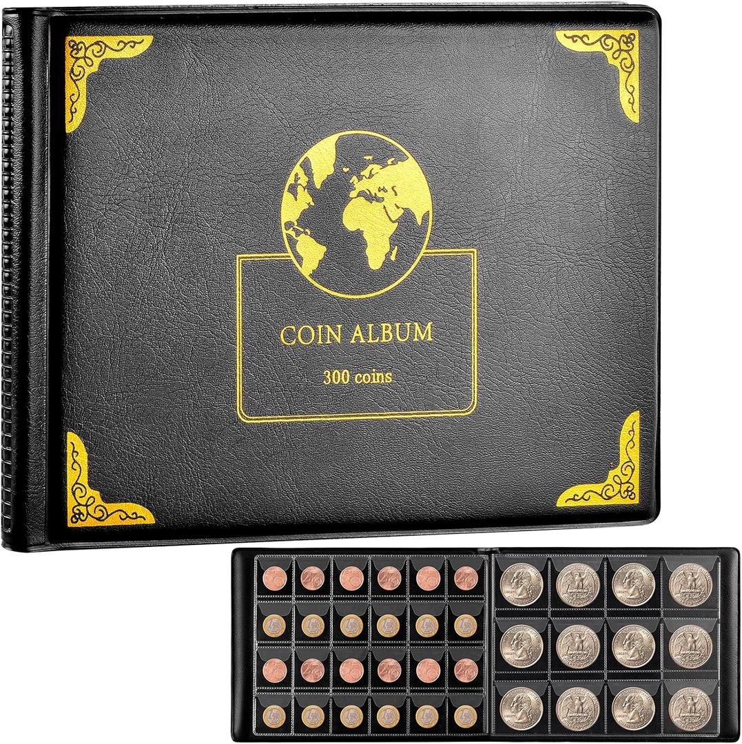 Coin Collection Supplies Holder Book for Collectors, 300 Pockets Coin Collection Organizer Storage Box Case Album for 20/25/ 27/30/ 38mm Coin (Earth Pattern Black)