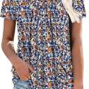 Angerella Women Tunic Tops Dressy Casual Summer Short Sleeve Shirts Floral Loose Fit Pleated Boho Top S-3XL (L)