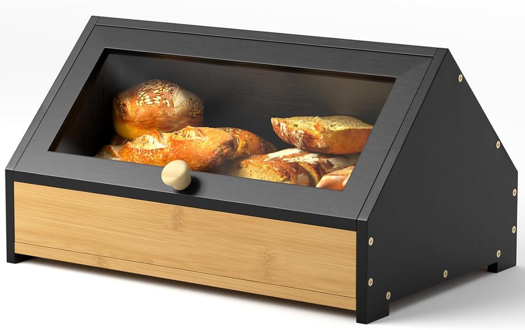 Gredak Bamboo Bread Box and Bread Storage, Corner Bread Box for Kitchen Countertop, Large Durable Black Single Layer Bamboo Breadbox