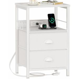 Furologee End Table with Charging Station, Nightstand with Fabric Drawers, Side Tables with USB Ports & Outlets, Night Stand with Storage Shelf & Hooks, for Living Room/Bedroom, White (1 pc)
