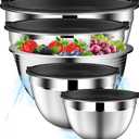 DUTZUN Mixing Bowls with Lids Set, Stainless Steel Mixing Bowls with Colander, Strainer with Mixing Bowl Set, Serving Bowl Kitchen Gift, Size 4.5, 2.5, 2, 1.5QT - Black