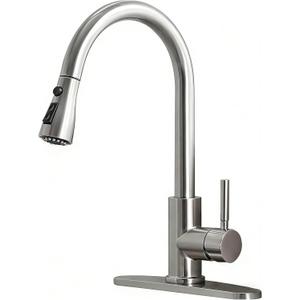Kitchen Faucet with Pull Down Sprayer, Brushed Nickel Stainless Steel Kitchen Sink Faucet, Single Handle 1 or 3 Hole Pull Out Sink Faucet for Bar Laundry RV Farmhouse, RC-KYT010L-D