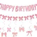 Pink Bow Birthday Banner - 36" x 2.5" - 23 Pieces - Includes 1 Banner, 7 Swirl Hanging Ropes, 15 Bows - Perfect for Indoor Birthday Parties