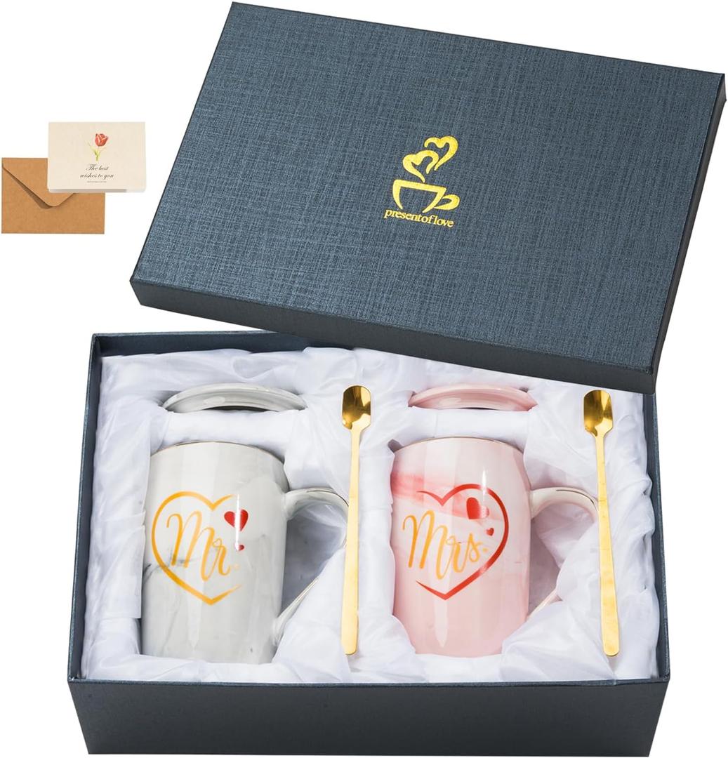 Wedding Gifts for Bride and Groom,Bridal Shower Engagement Gifts for Couples 2026,Mr and Mrs Marble Coffee Mugs 16 Oz,Christmas gift (Grey&Pink)