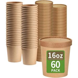 bloomoon 60 Pack 16 oz Paper Food Containers with Lids, Ice Cream Pint Containers, 16 oz Disposable Soup Containers Paper Freezer Containers Pint Ice Cream Cups (60 Cups 60 Lids), 16 fl.oz 60 cups 60 lids