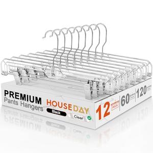 HOUSE DAY Clear Pants Hangers with Clips 12 Pack, Plastic Skirt Hangers for Women, 14 Inch Clip Hanger for Pants, Skirts, Jeans, Shorts, Legging, with 360-degree Swivel Hook, 2 Adjustable Clips