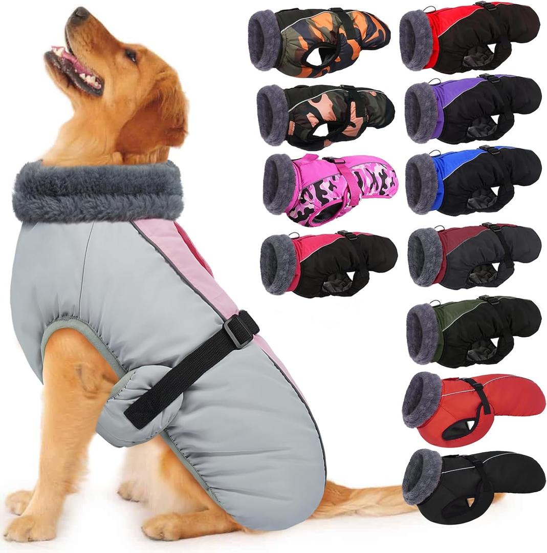IECOii Extra Warm XXL Dog Coat - Reflective, Adjustable Dog Jacket for Cold Weather Outdoor, Waterproof Windproof Dogs Winter Jacket with Soft Fleece Lined, Machine Washable for Large Dogs, Pink, 2XL (XX-Large(Chest:29.9-35.4 in))
