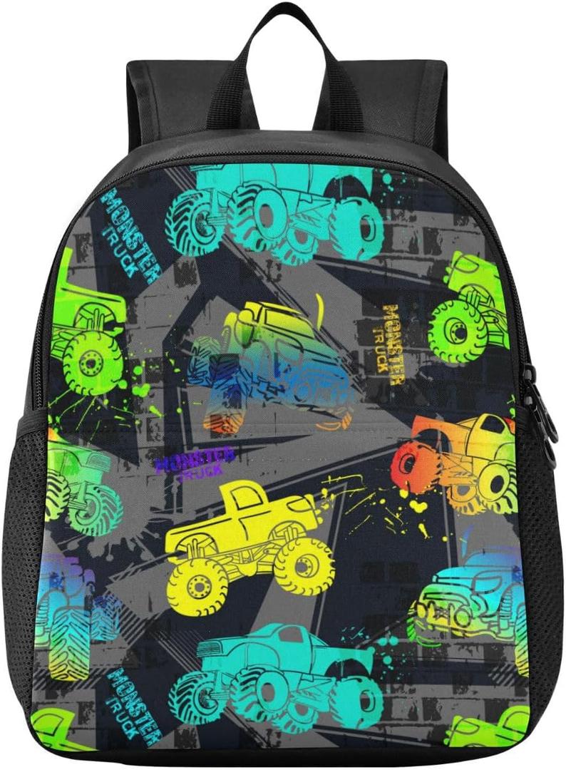 Colorful Monster Truck Toddler Backpack Waterproof Mini Backpack Boys/Girls Cute Small Kindergarten Pre School Bag (Medium)