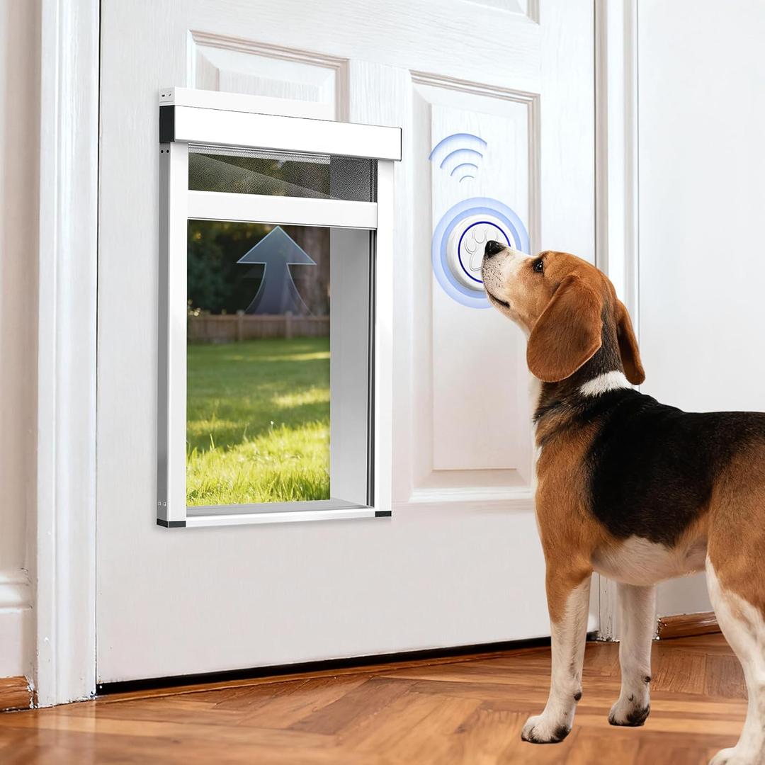 Automatic Dog Door with Doorbell Activation, 2-Flap Electronic Smart Pet Door with Anti-Pinch, No Collar Needed, Aluminum Lockable Weatherproof Telescoping Tunnel for Pets Up to 40 LB- M
