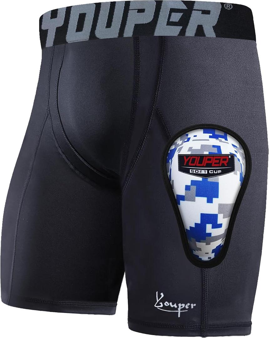 Youper Youth Boys Compression Shorts with Soft Protective Cup, Sliding Underwear for Baseball Football (Black, S)