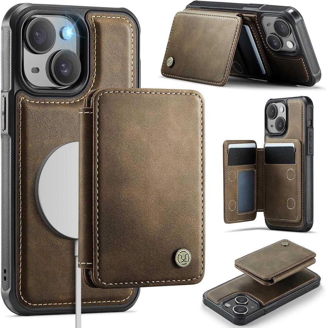 Compatible with Magsafe for iPhone 14 Wallet Case Magnetic Card Holder, RFID Blocking 2 in 1 Detachable Kickstand Shockproof Case for Women Men, Brown