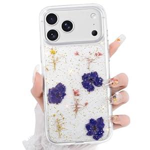 Peerok for iPhone 17 Pro Max Clear Case Natural Flowers Pattern, Cute Glitter Purple Floral Cases Slim Soft TPU Protective Women Girly 17 ProMax Phone Cover 6.9" Gold Foil Larkspur